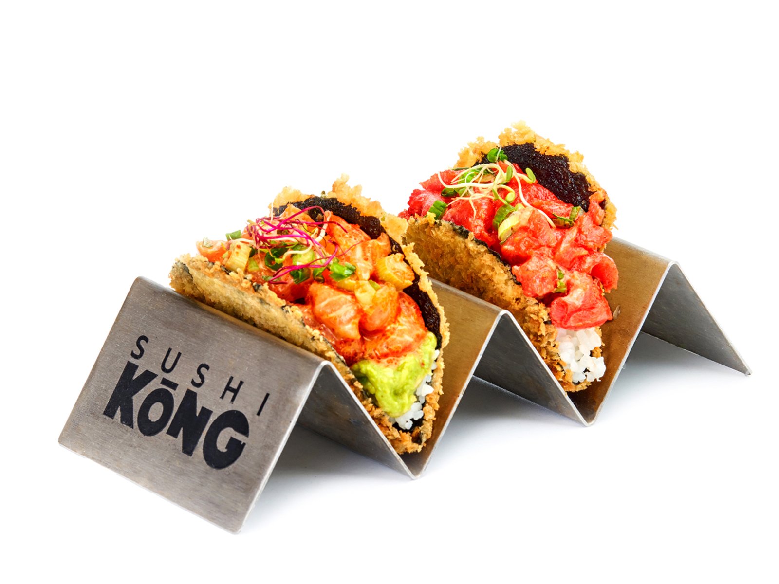 Ni-Tan Tacos with tuna tartar, salmon tartar, guacamole, sushi rice, and crispy nori shell at Sushi KONG