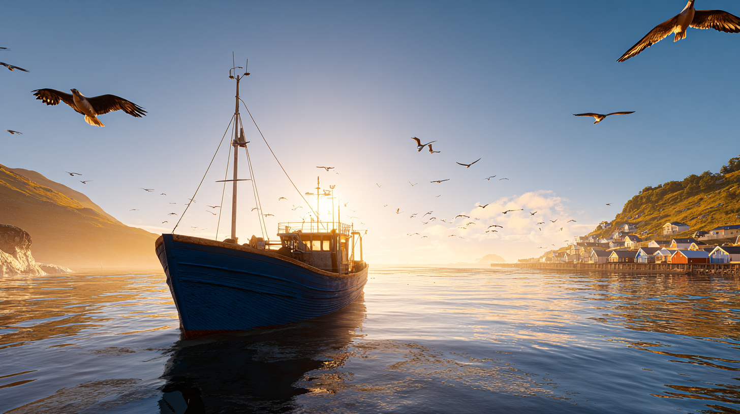Fishing boat at sunrise in a sustainable fishery, symbolizing responsible seafood sourcing